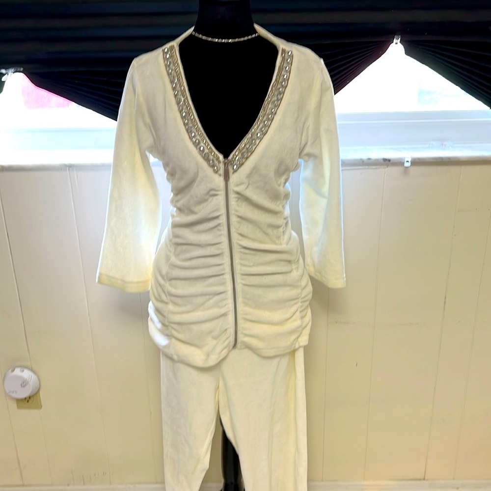 Boston Proper Matching track suit set beaded color in ivory